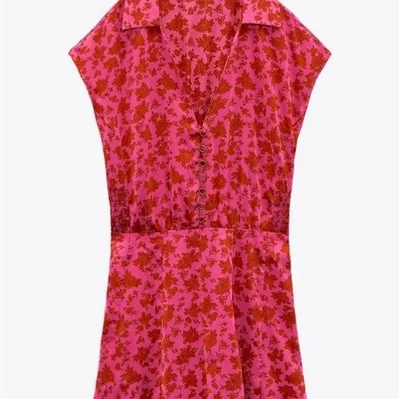 ZARA Fuchsia Red Floral Satin Effect Button Up Short Sleeve Mini Dress Small - Picture 2 of 3
